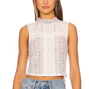 Free People White Lace Tea Party Tank Top Mock Neck Sleeveless Crop Top